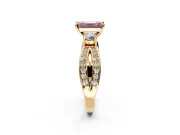3 Stone Engagement Ring Setting for Fancy Pink Emerald Cut Center with Pave Twist Band and Prong Head in Yellow Gold