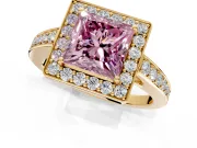 Bezel-Framed Halo Engagement Ring Setting for Fancy Pink Princess Cut Center with Pave Band and Prong Head in Yellow Gold