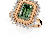 Halo Engagement Ring Setting for Fancy Green Emerald Cut Center with Milgrain Bezel Rim, Plain Band and Prong Head in Rose Gold