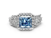 Milgrain Halo Engagement Ring Setting for Fancy Blue Princess Cut Center with Shoulder Bezels and Prong Head in White Gold