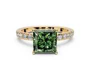 Solitaire Engagement Ring Setting for Fancy Green Princess Cut Center with Round Cut Pave Band and Prong Head in Yellow Gold