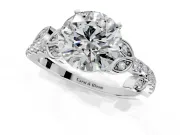 Leaf Motif Engagement Ring Setting for Round Cut Center with Pave Band and Prong Head in Platinum