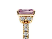 Paired Accent Engagement Ring Setting for Fancy Pink Emerald Cut Center with Pave Band and Prong Head in Yellow Gold