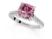 Solitaire Engagement Ring Setting for Fancy Pink Cushion Cut Center with Widening Pave Band and Claw Prong Head in White Gold