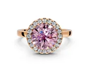Halo Engagement Ring Setting for Fancy Pink Round Cut Center with Thin Plain Band and Prong Head in Rose Gold