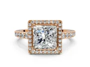 Halo Engagement Ring Setting for Princess Cut Center with Inner Milgrain Border and Prong Head in Rose Gold