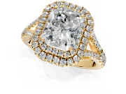 Double Halo Engagement Ring Setting for Radiant Cut Center with Narrow Pave Split Shank and Prong Head in Yellow Gold