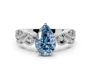 Leaf Engagement Ring Setting for Fancy Blue Pear-Shaped Center with Milgrain Accent Band and Prong Head in White Gold