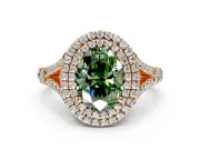 Double Halo Engagement Ring Setting for Fancy Green Oval Center with Narrow Pave Split Shank and Prong Head in Rose Gold