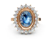 Halo Engagement Ring Setting for Fancy Blue Oval Center with Milgrain Bezel Rim, Plain Band and Prong Head in Rose Gold