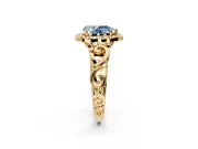 Halo Engagement Ring Setting for Fancy Blue Pear-Shaped Center with Open Scroll Shoulders and Prong Head in Yellow Gold