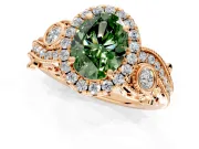 Milgrain Halo Engagement Ring Setting for Fancy Green Oval Center with Shoulder Bezels and Prong Head in Rose Gold