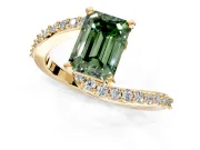 Solitaire Engagement Ring Setting for Fancy Green Emerald Cut Center with Pave Bypass Swirl Band and Prong Head in Yellow Gold