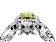 Milgrain Halo Engagement Ring Setting for Fancy Yellow Emerald Cut Center with Shoulder Bezels and Prong Head in Platinum