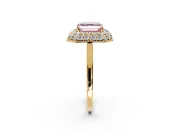 Halo Engagement Ring Setting for Fancy Pink Asscher Cut Center with Plain Tapered Band and Prong Head in Yellow Gold