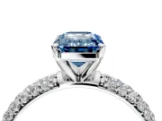 Solitaire Engagement Ring Setting for Fancy Blue Emerald Cut Center with Domed Multi-Row Pave Band and Prong Head in Platinum