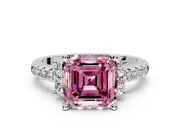 Paired Accent Engagement Ring Setting for Fancy Pink Asscher Cut Center with Pave Band and Prong Head in Platinum