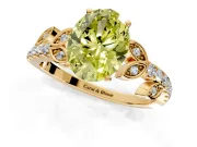 Leaf Motif Engagement Ring Setting for Fancy Yellow Oval Center with Pave Band and Prong Head in Yellow Gold