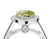 Halo Engagement Ring Setting for Fancy Yellow Heart-Shaped Center with Outer Bezel Rim, Pave Band and Prong Head in White Gold