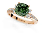 Paired Accent Engagement Ring Setting for Fancy Green Cushion Cut Center with Pave Band and Prong Head in Rose Gold