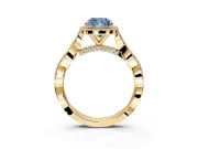 Halo Engagement Ring Setting for Fancy Blue Cushion Cut Center with Twist Band and Prong Head in Yellow Gold