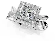 Halo Engagement Ring Setting for Princess Cut Center with Floral Band and Prong Head in Platinum