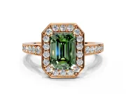 Bezel-Framed Halo Engagement Ring Setting for Fancy Green Emerald Cut Center with Pave Band and Prong Head in Rose Gold