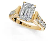 Solitaire Engagement Ring Setting for Emerald Cut Center with Pave Cathedral Shoulders and Prong Head in Yellow Gold