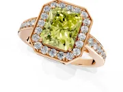 Bezel-Framed Halo Engagement Ring Setting for Fancy Yellow Radiant Cut Center with Pave Band and Prong Head in Rose Gold