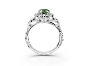 Halo Engagement Ring Setting for Fancy Green Oval Center with Open Scroll Shoulders and Prong Head in Platinum
