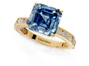 Solitaire Engagement Ring Setting for Fancy Blue Asscher Cut Center with Milgrain-Edged Pave Band and Prong Head in Yellow Gold