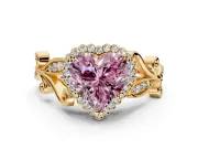 Halo Engagement Ring Setting for Fancy Pink Heart-Shaped Center with Leaf Motif Split Shank and Prong Head in Yellow Gold
