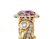 Milgrain Halo Engagement Ring Setting for Fancy Pink Oval Center with Shoulder Bezels and Prong Head in Yellow Gold