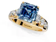 Solitaire Engagement Ring Setting for Fancy Blue Asscher Cut Center with Graduated Shared Prongs and Prong Head in Yellow Gold