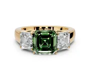3 Stone Engagement Ring Setting for Fancy Green Asscher Cut Center with Raised Basket Heads and Prong Head in Yellow Gold