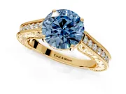 Solitaire Engagement Ring Setting for Fancy Blue Round Cut Center with Engraved Pave Band and Prong Head in Yellow Gold