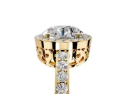 Halo Engagement Ring Setting for Round Cut Center with Heart-Shaped Openwork, Pave Band and Prong Head in Yellow Gold