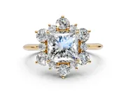 Small-Accent Cluster Halo Engagement Ring Setting for Princess Cut Center with Plain Band and Prong Head in Yellow Gold