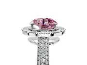Milgrain Halo Engagement Ring Setting for Fancy Pink Round Cut Center with Three-Sided Pave Band and Prong Head in Platinum