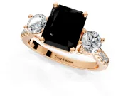 3 Stone Engagement Ring Setting for Fancy Black Radiant Cut Center with Crossover Basket, Pave Band and Prong Head in Rose Gold