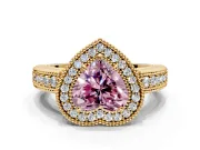 Milgrain Halo Engagement Ring Setting for Fancy Pink Heart-Shaped Center with Pave Band and Prong Head in Yellow Gold