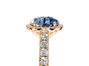 Halo Engagement Ring Setting for Fancy Blue Round Cut Center with Full Pave Band and Prong Head in Rose Gold