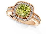 Milgrain Halo Engagement Ring Setting for Fancy Yellow Cushion Cut Center with Pave Band and Prong Head in Rose Gold