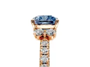 Paired Accent Engagement Ring Setting for Fancy Blue Cushion Cut Center with Pave Band and Prong Head in Rose Gold