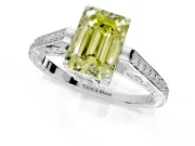 Cathedral Engagement Ring Setting for Fancy Yellow Emerald Cut Center with Antique-Style Pave Band and Prong Head in White Gold