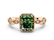 Vintage Station Engagement Ring Setting for Fancy Green Radiant Cut Center with Accents and Prong Head in Rose Gold