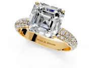 Solitaire Engagement Ring Setting for Asscher Cut Center with Domed Multi-Row Pave Band and Prong Head in Yellow Gold