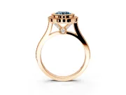 Halo Engagement Ring Setting for Fancy Blue Round Cut Center with Milgrain Frame, Pave Band and Prong Head in Rose Gold