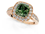 Bezel-Framed Halo Engagement Ring Setting for Fancy Green Cushion Cut Center with Pave Band and Prong Head in Rose Gold