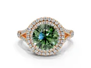 Double Halo Engagement Ring Setting for Fancy Green Round Cut Center with Narrow Pave Split Shank and Prong Head in Rose Gold